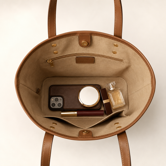 Open brown handbag with phone, lip balm, and perfume on a beige background