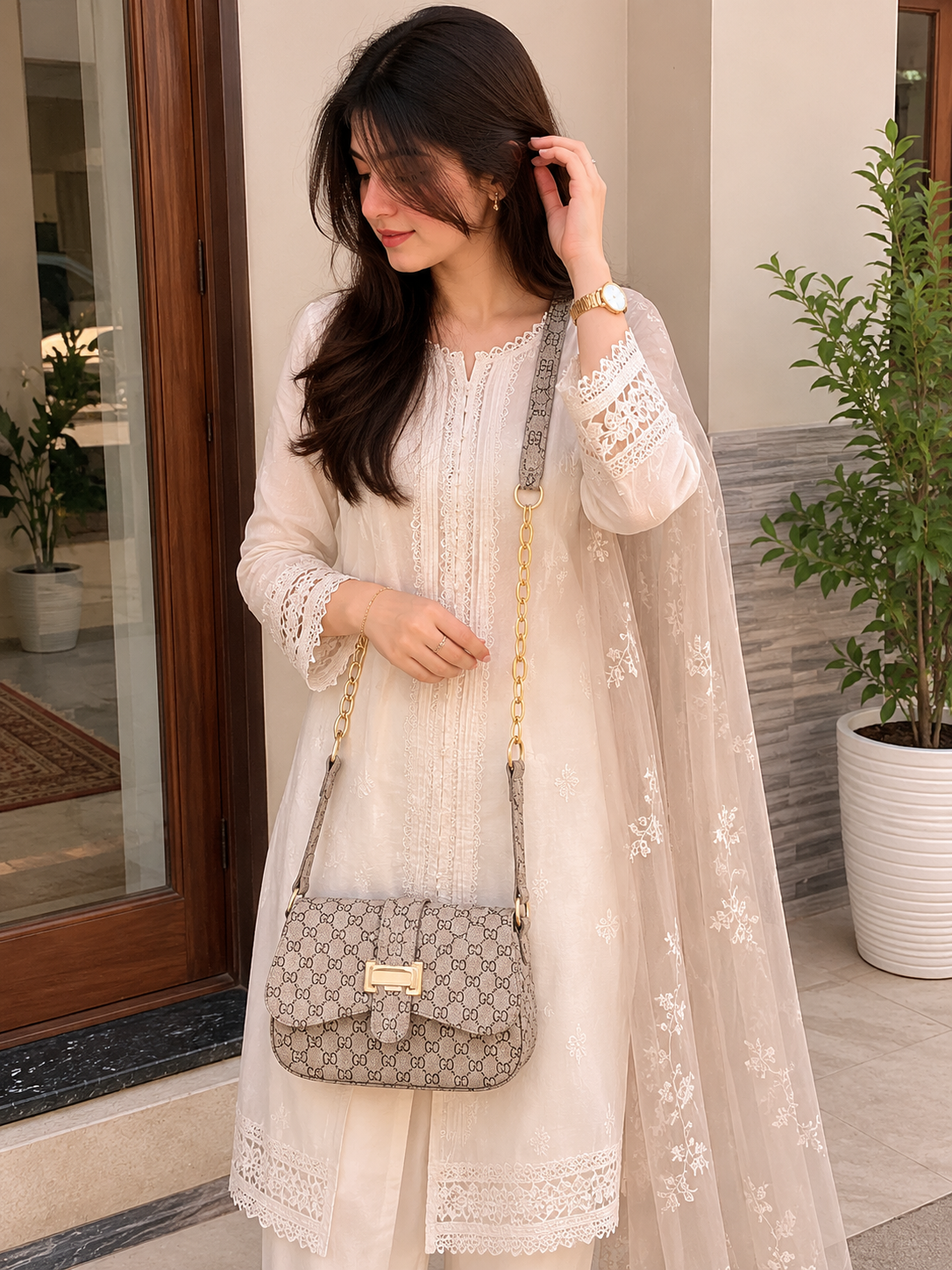 Luma Devaux Celeste Chain Crossbody Bag – Elegant Beige Luxury Shoulder Purse