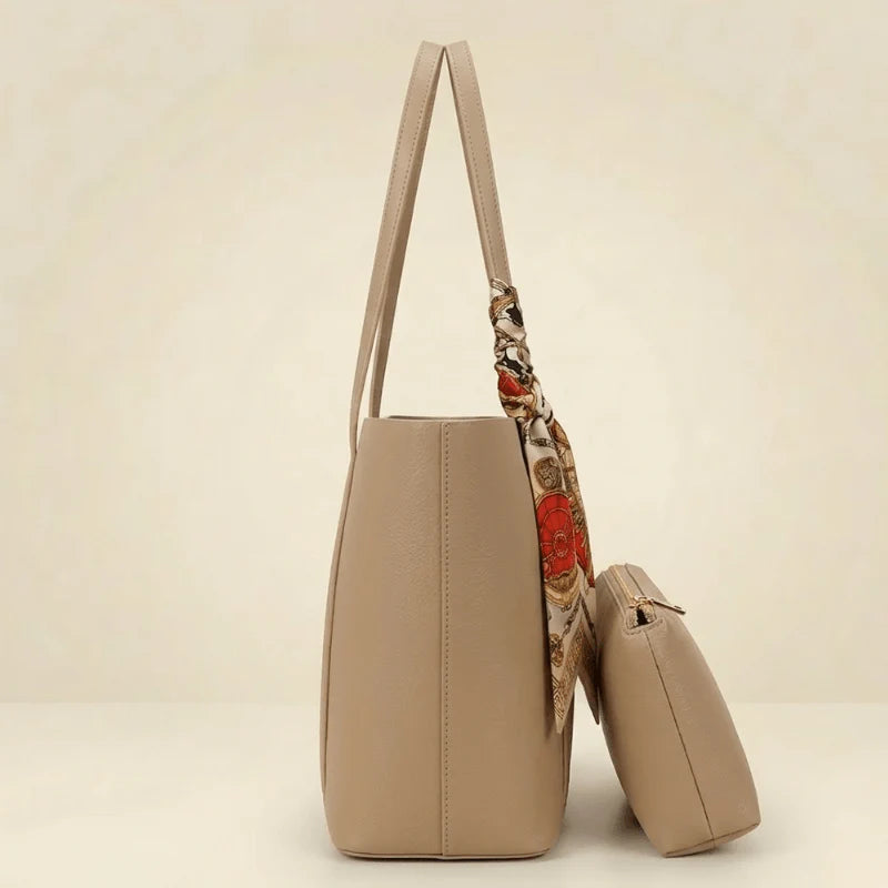 Aurelle Scarf Tote Bag | Elegant Brown Women’s Tote with Pouch