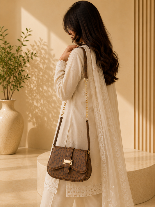 Luma Devaux Verona Chain Saddle Bag – Luxury Brown Monogram Crossbody Purse