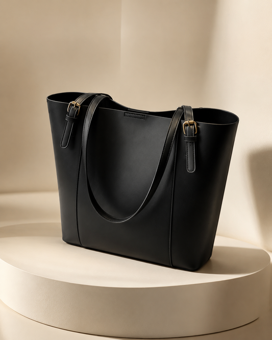Black leather tote bag on a beige background