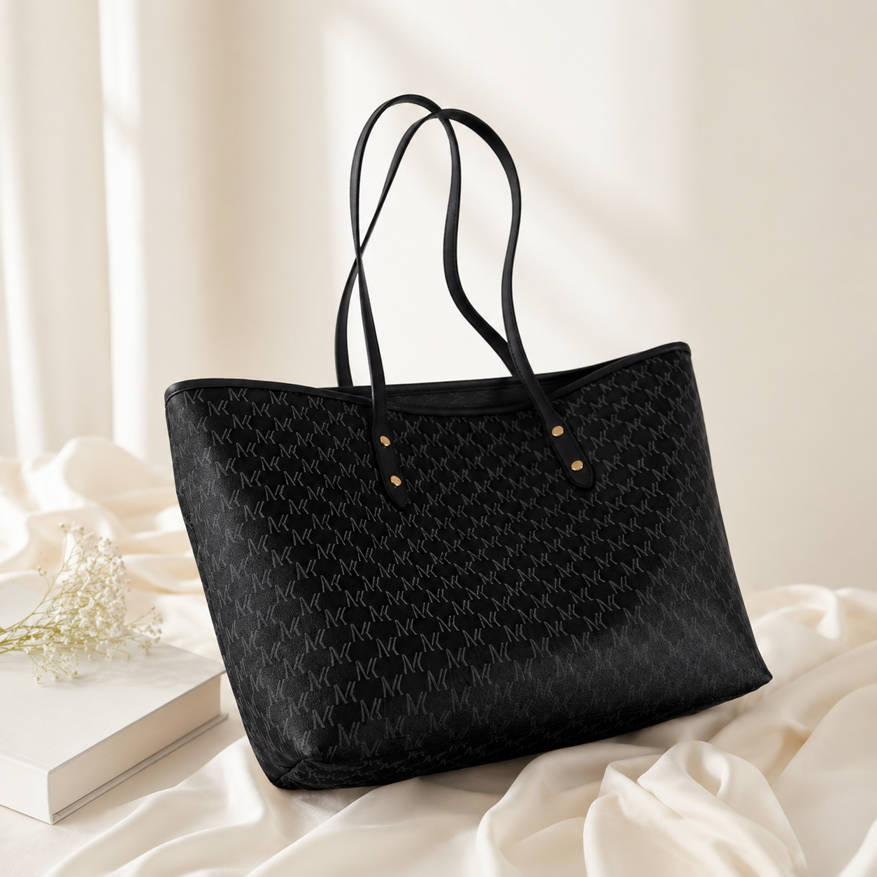 Black quilted handbag on a light background