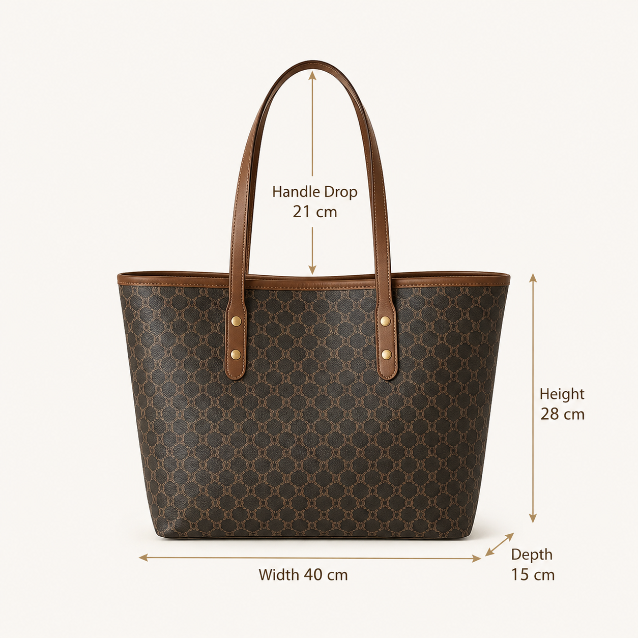 Brown patterned tote bag with measurements on a white background
