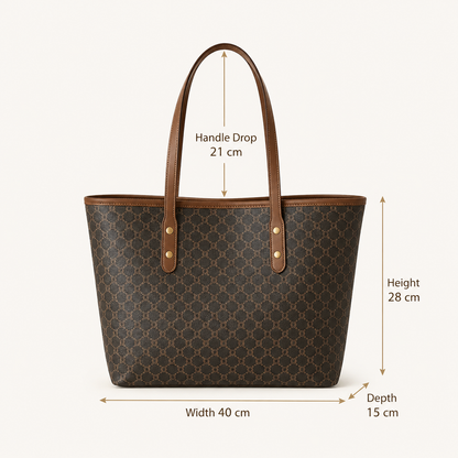 Brown patterned tote bag with measurements on a white background
