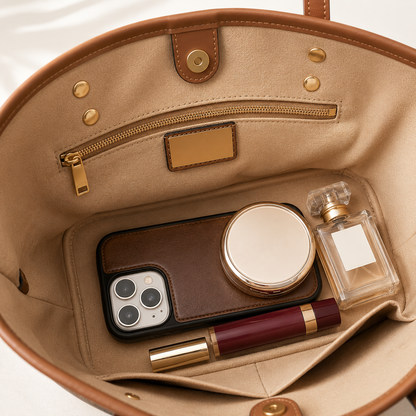 Open beige handbag with phone, mirror, and perfume bottle inside
