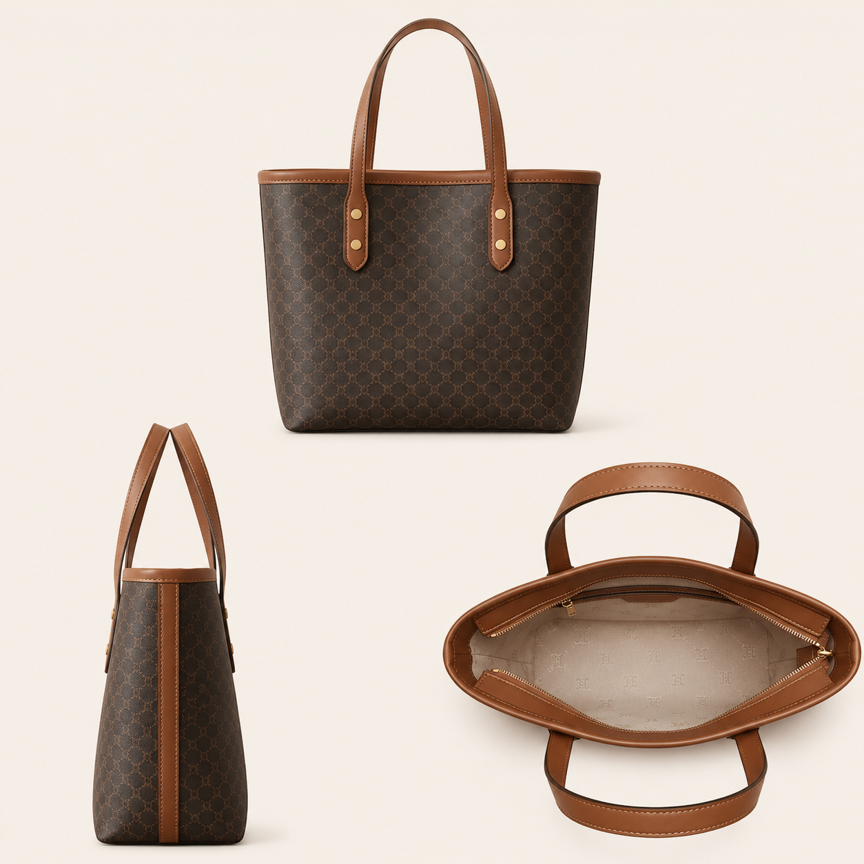 Brown tote bag with brown handles and accents on a beige background