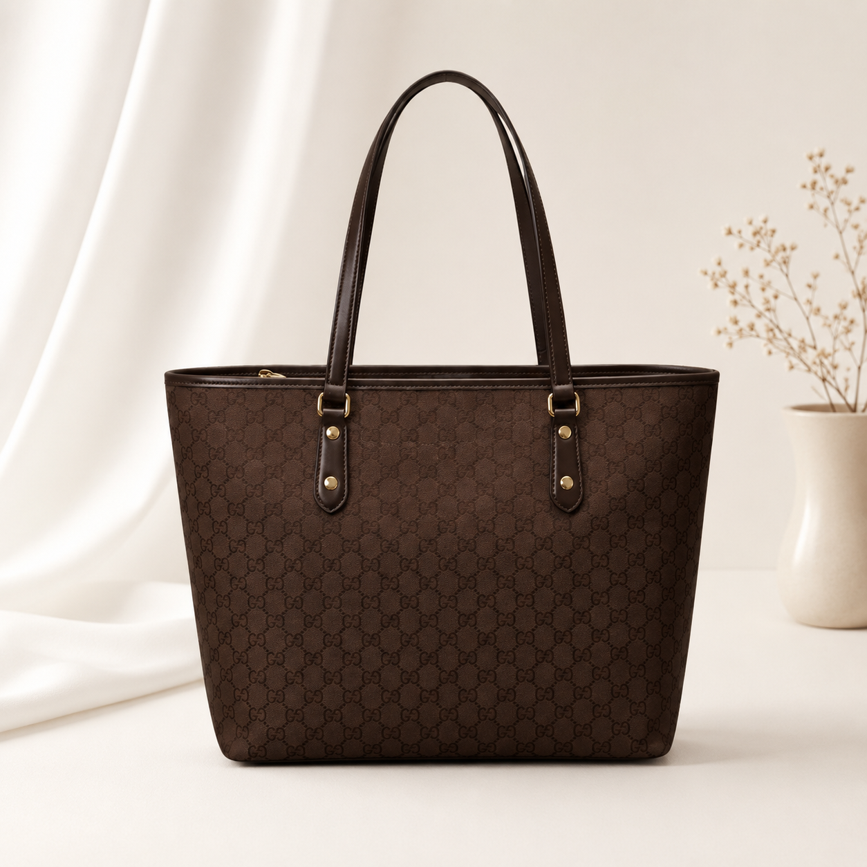 Brown patterned handbag on a light background