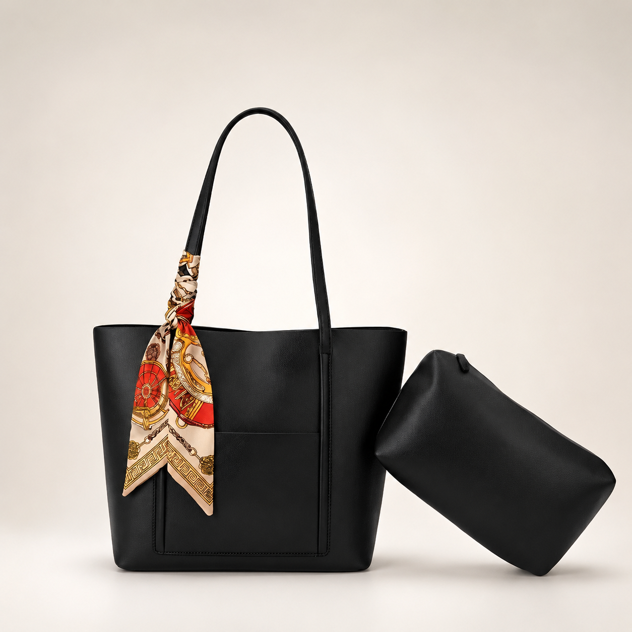 Black handbag with a colorful scarf draped over the handle on a light beige background