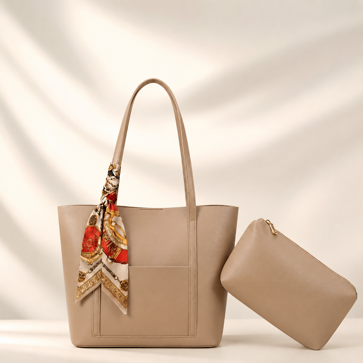Beige handbag with a matching pouch on a beige background