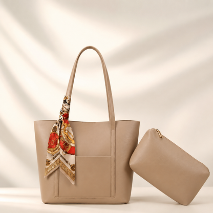 Beige handbag with a matching pouch on a beige background