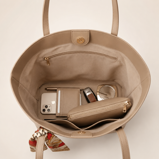 Beige handbag with items including a phone and wallet on a beige background
