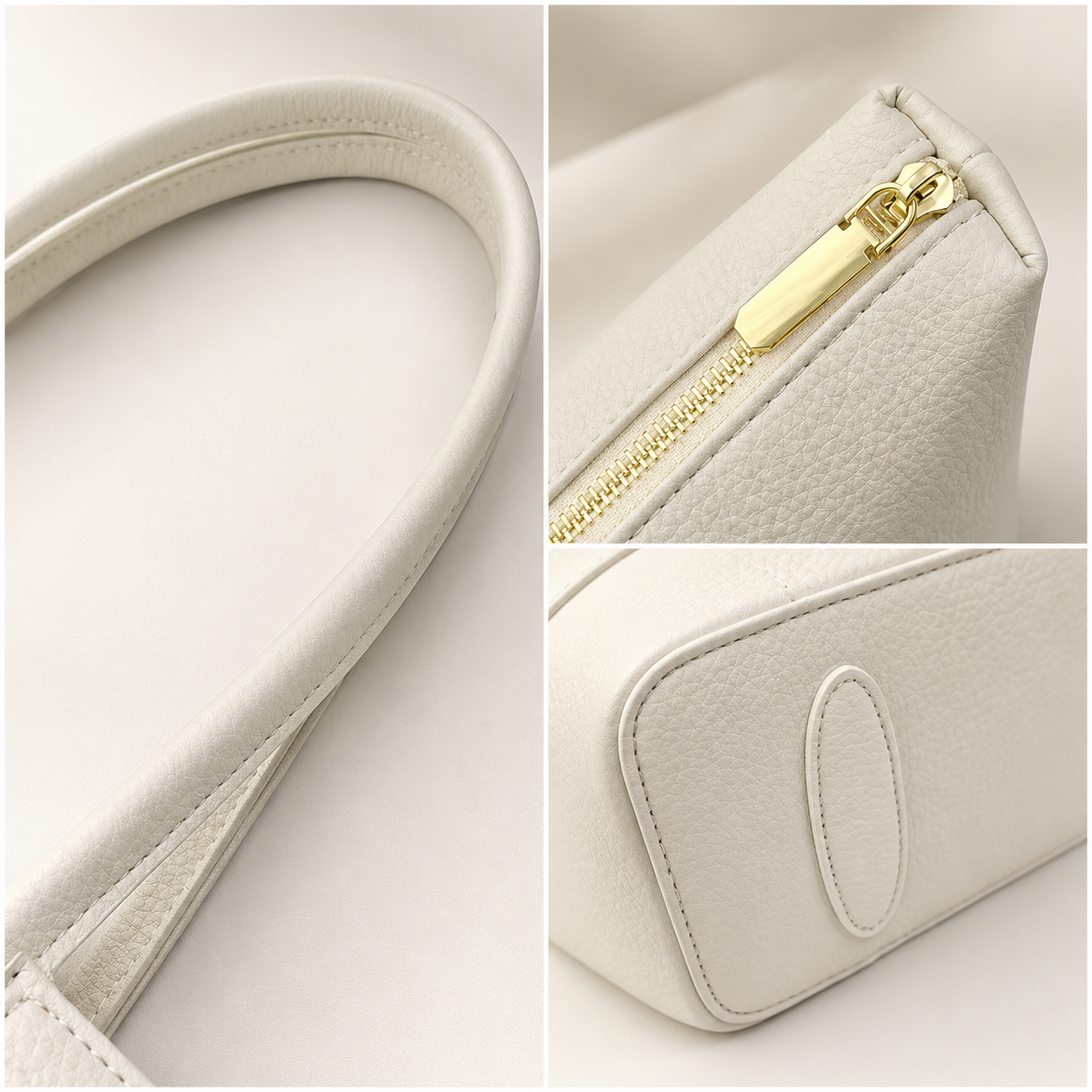 Collage of a light gray handbag with gold zipper and handle details.