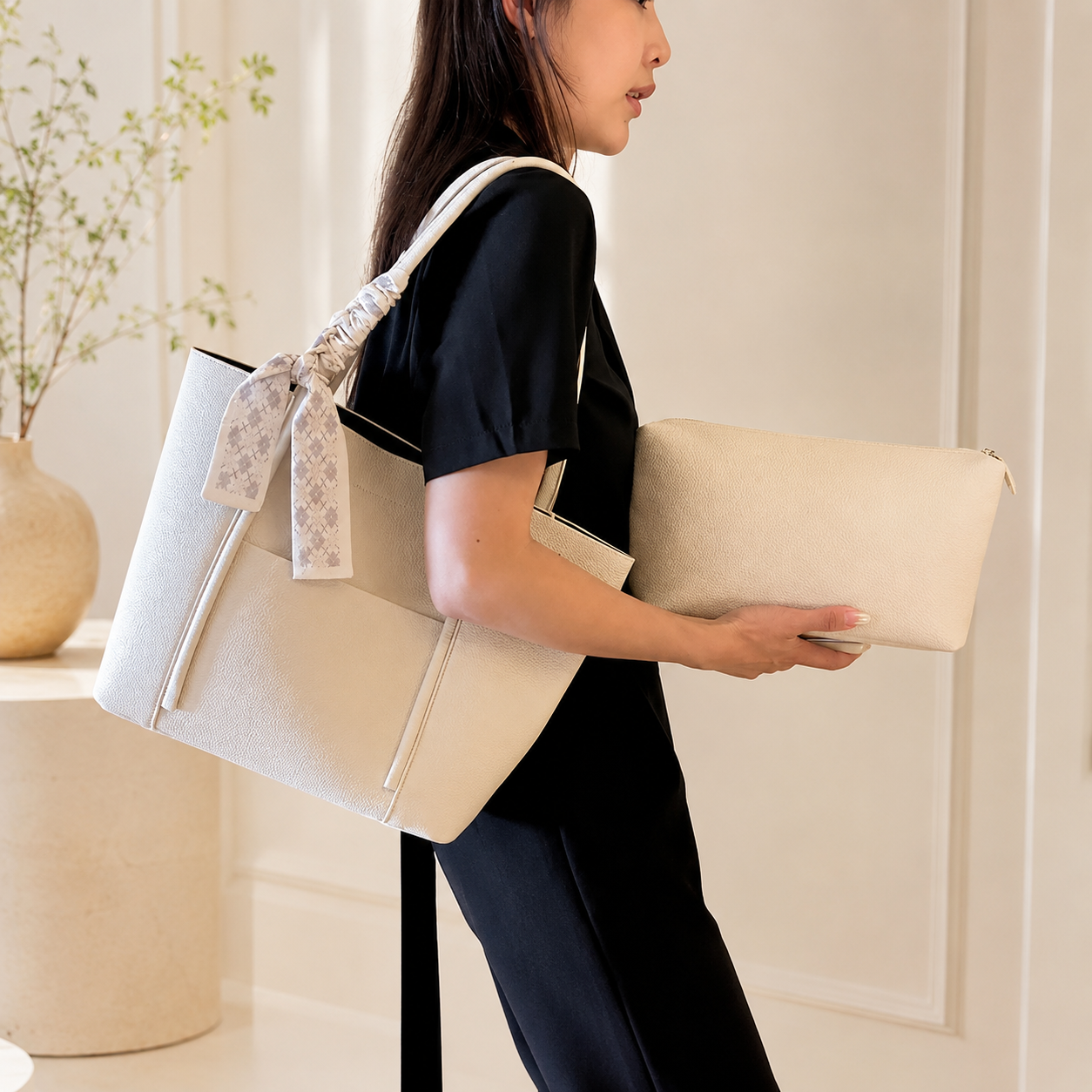 Woman holding a beige tote bag with lace details indoors.