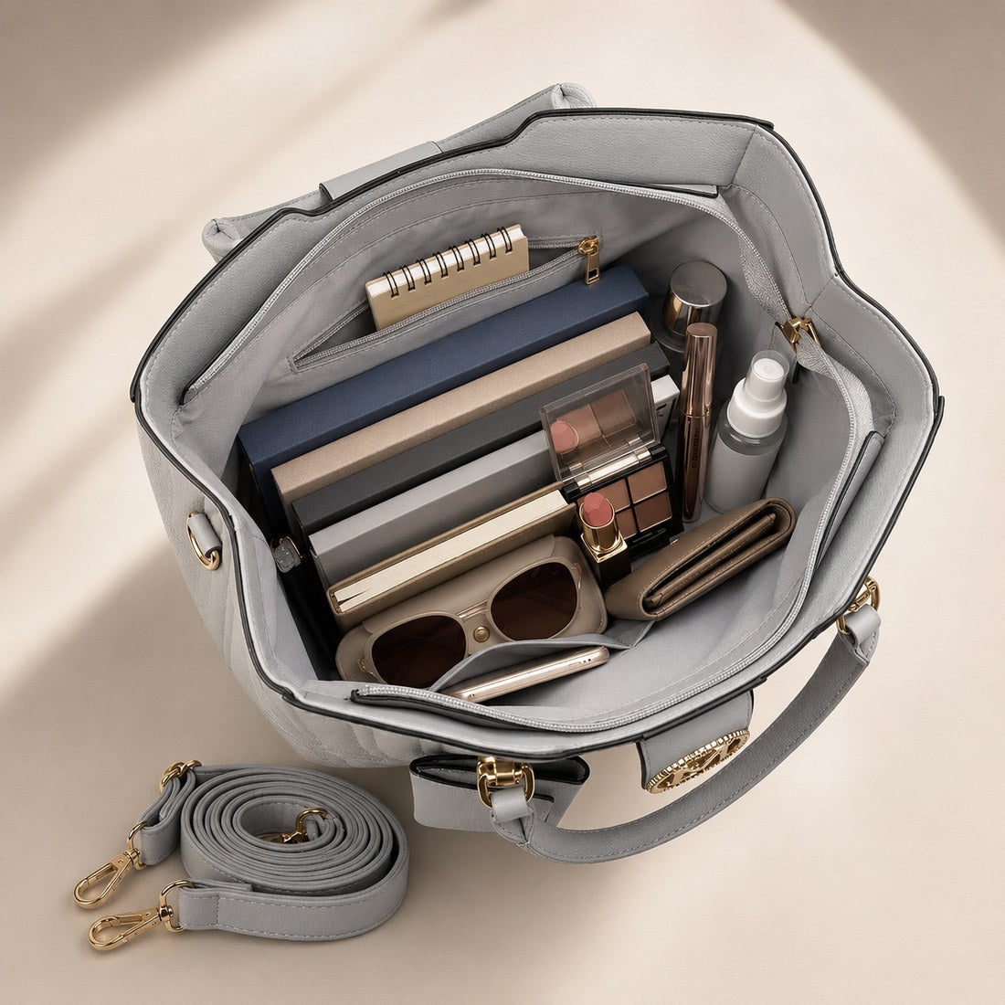 Gray handbag open to reveal makeup and skincare products on a beige background