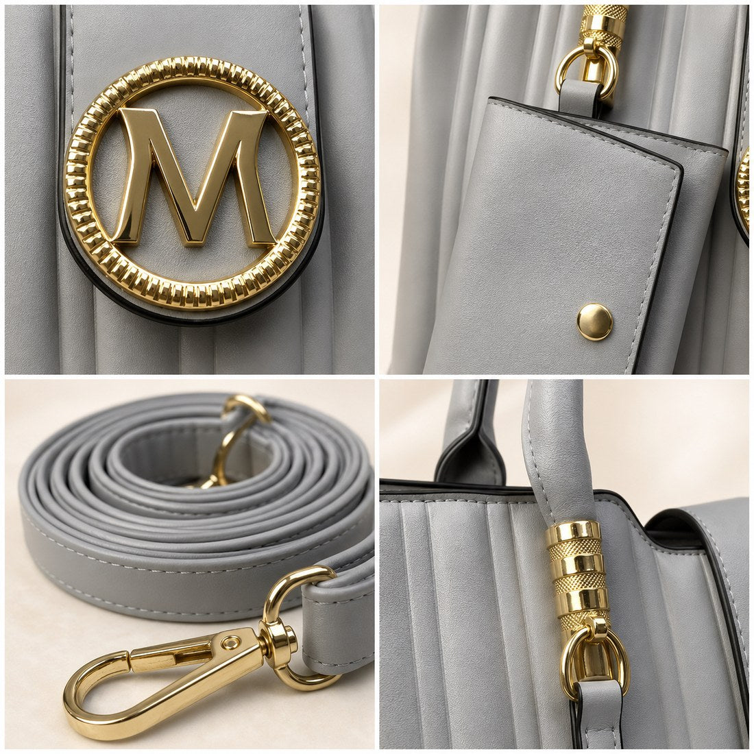Collage of a gray handbag with gold accents and 'M' logo, including strap and handle details.