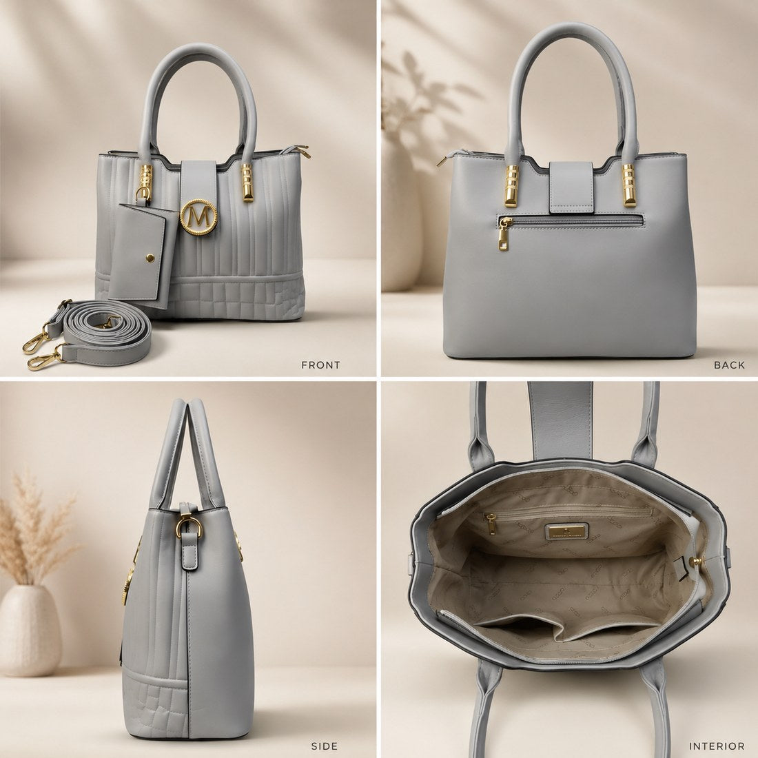 Gray handbag shown from front, back, side, and interior views on a beige background.