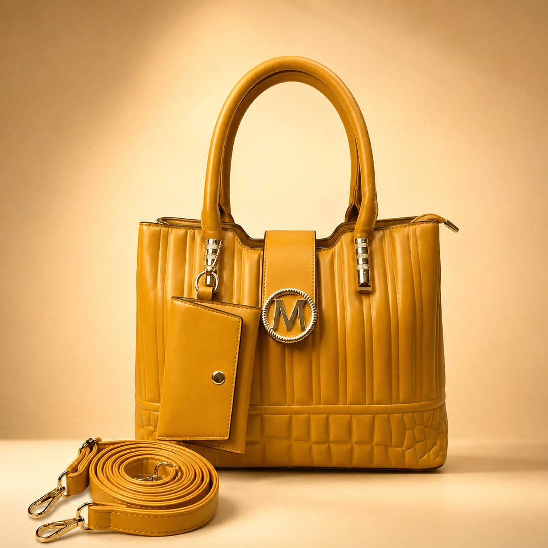 Yellow handbag with matching strap on a beige background