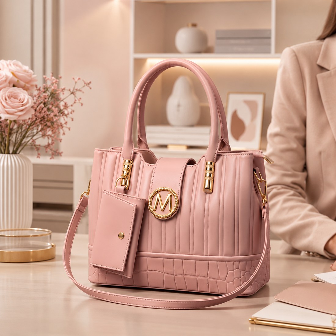 Pink handbag with gold accents on a table in an elegant room setting.