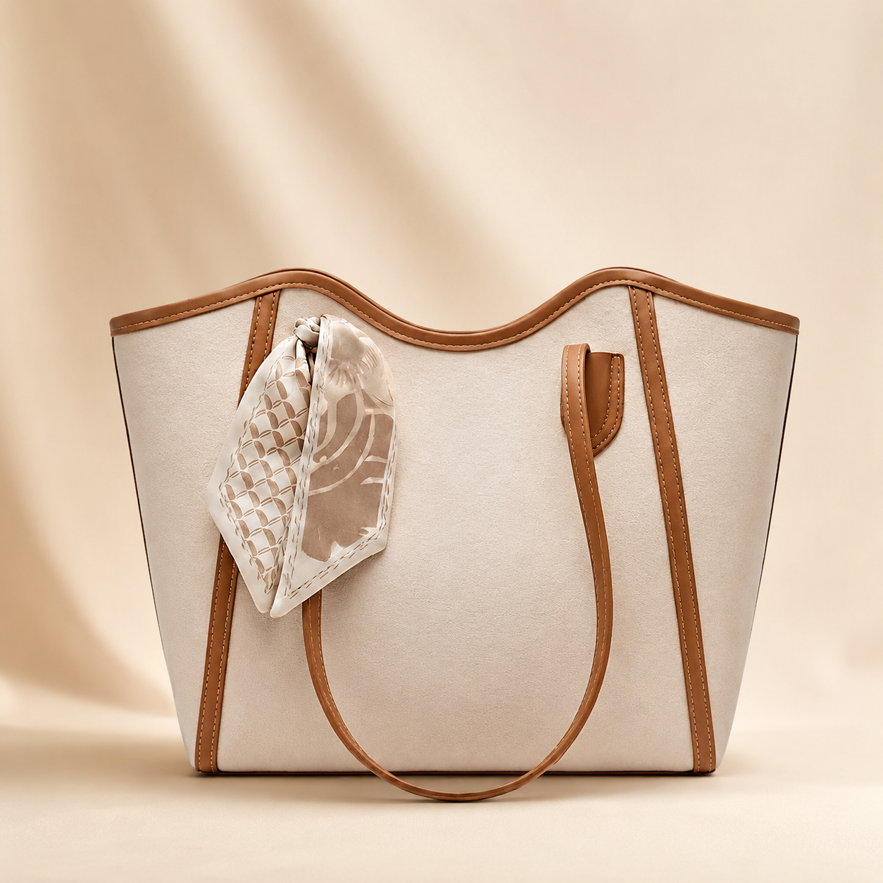Beige tote bag with brown accents on a beige background