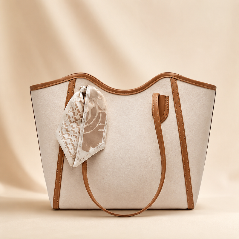 Beige tote bag with brown accents on a beige background