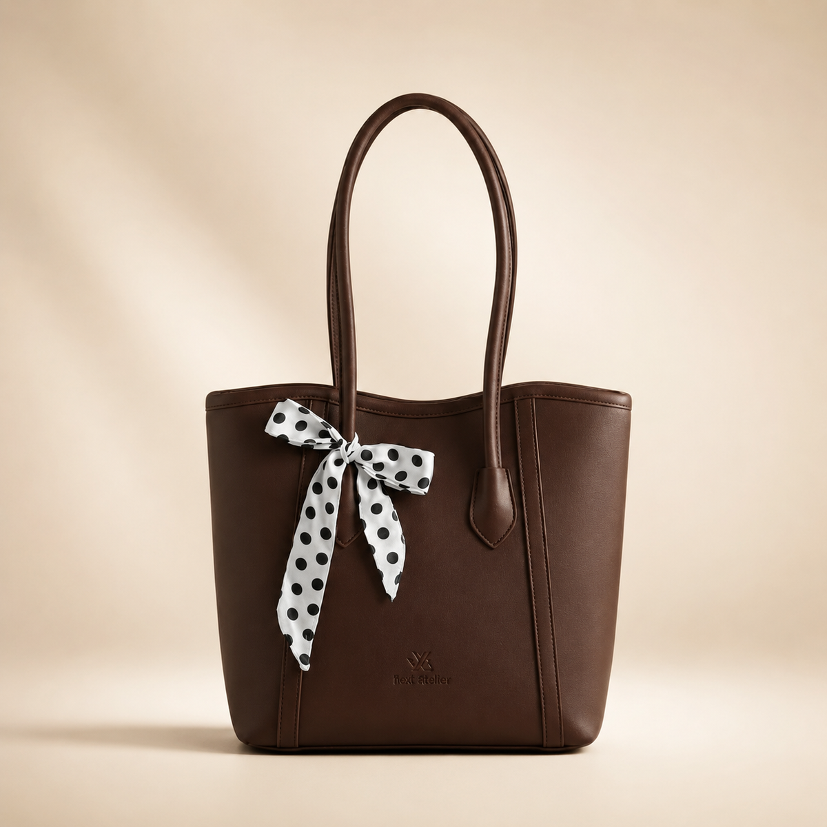 Brown handbag with a polka dot ribbon on a beige background