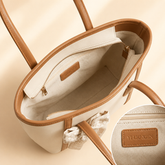 Beige handbag with brown accents and visible brand name on a beige background