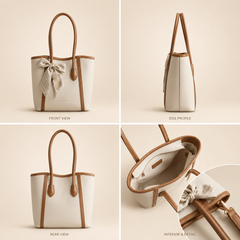 White handbag with brown accents shown from multiple angles on a beige background