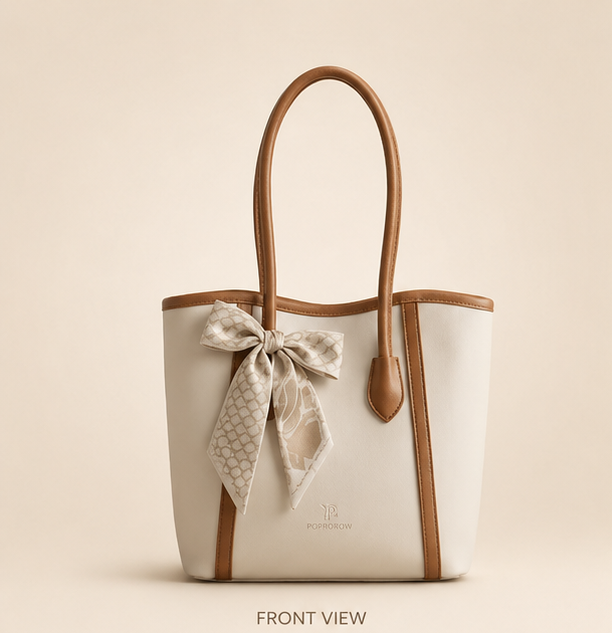 White handbag with brown handles and trim, featuring a decorative bow on a beige background.