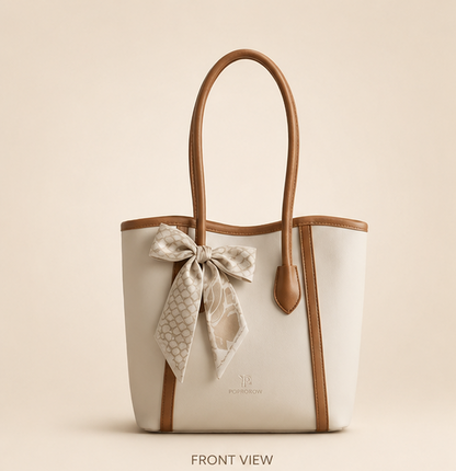 White handbag with brown handles and trim, featuring a decorative bow on a beige background.