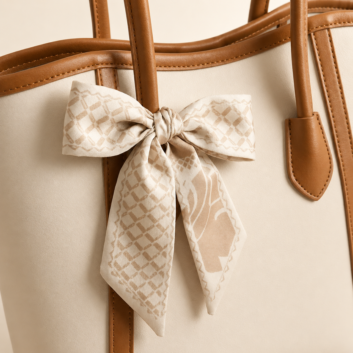 Beige handbag with a patterned bow on a beige background