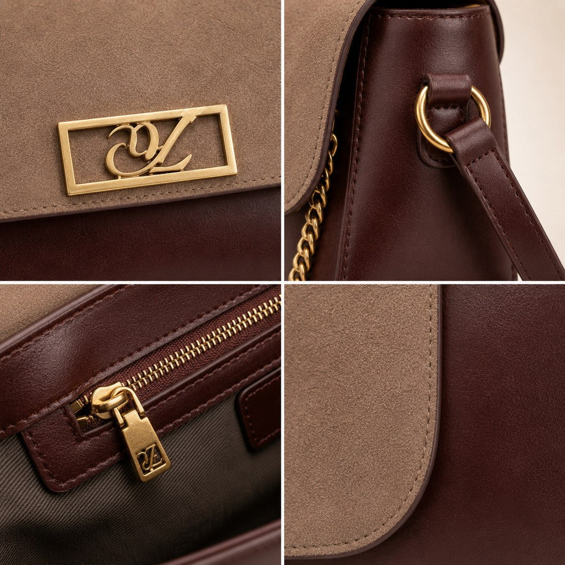 Collage of a brown leather handbag with gold accents, including the brand logo.