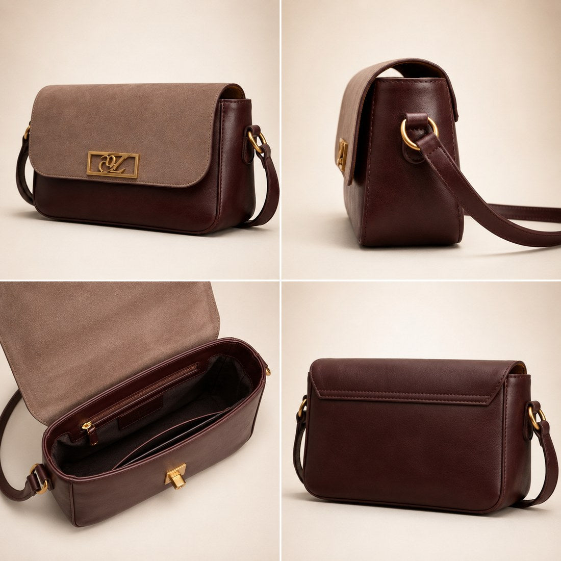 Brown leather handbag with gold accents on a beige background