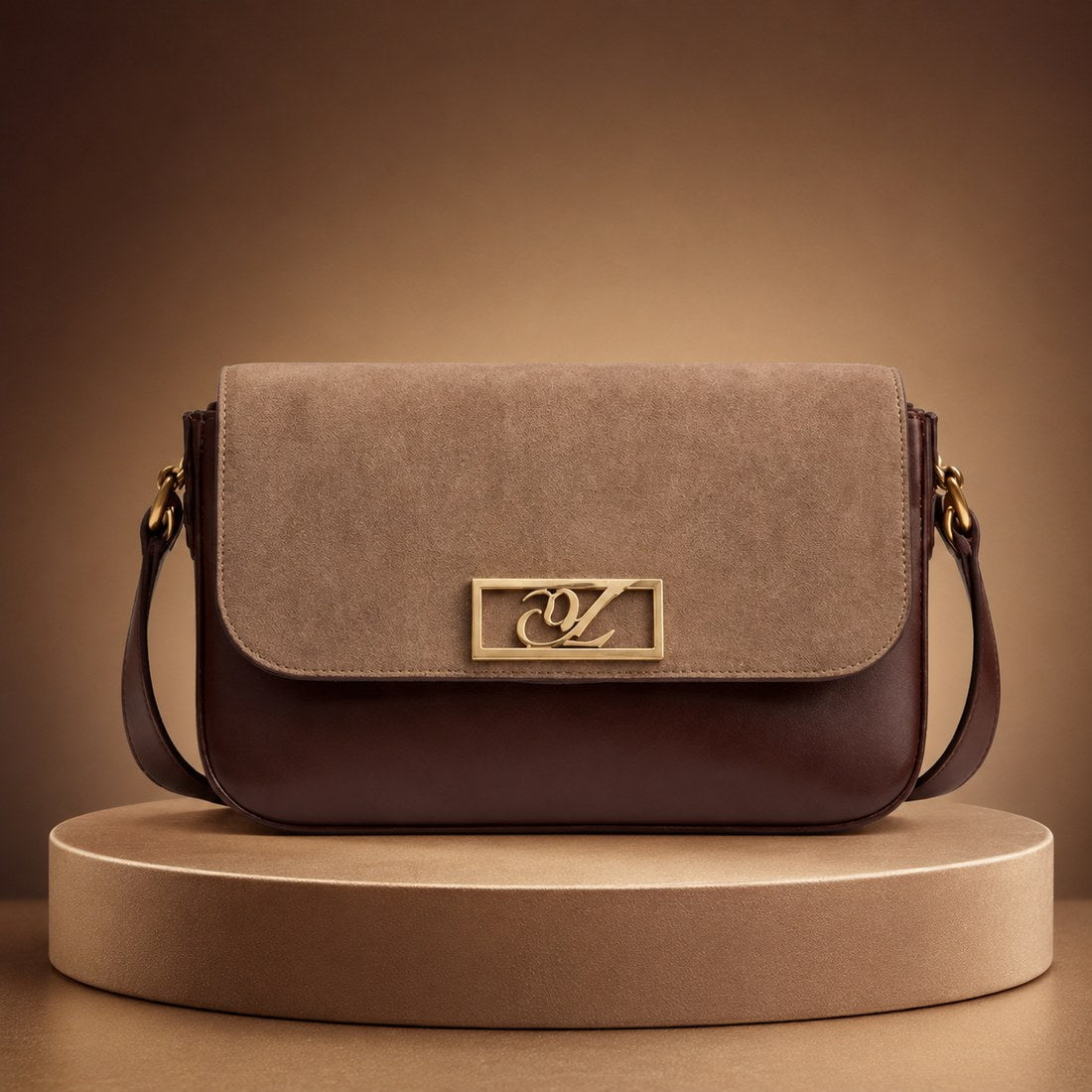 Brown handbag with a gold logo on a beige platform against a brown background