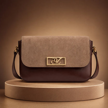 Brown handbag with a gold logo on a beige platform against a brown background