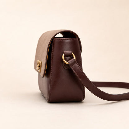 Brown leather handbag with a gold clasp on a beige background