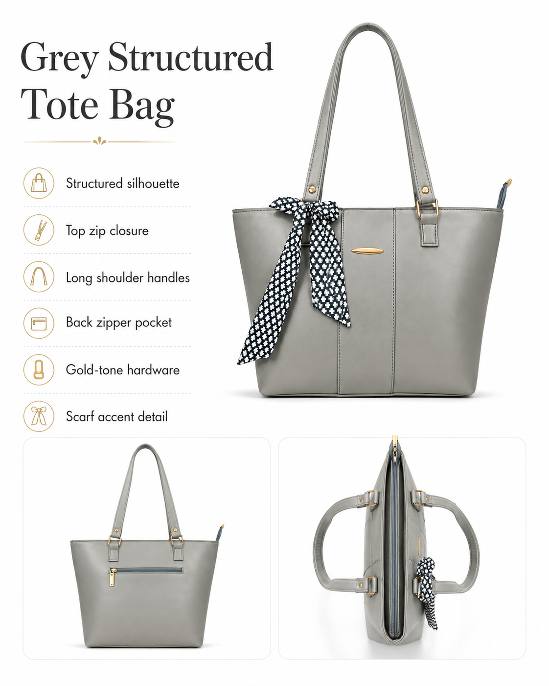 A grey structured tote bag with long shoulder handles, a top zip closure, a back zipper pocket, gold-tone hardware, and a black-and-white patterned scarf tied around the handle. The image includes text describing the bag features and three product views on a white background.