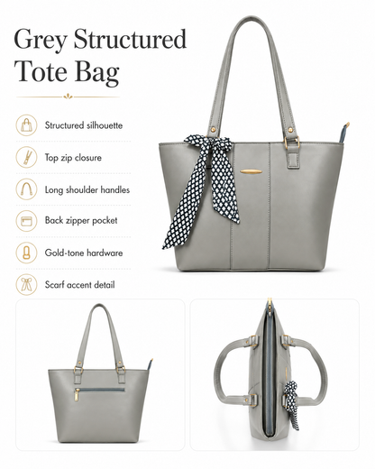A grey structured tote bag with long shoulder handles, a top zip closure, a back zipper pocket, gold-tone hardware, and a black-and-white patterned scarf tied around the handle. The image includes text describing the bag features and three product views on a white background.