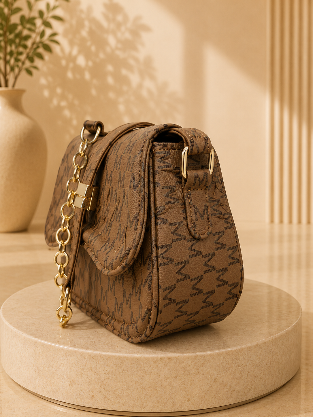 Luma Devaux Verona Chain Saddle Bag – Luxury Brown Monogram Crossbody Purse