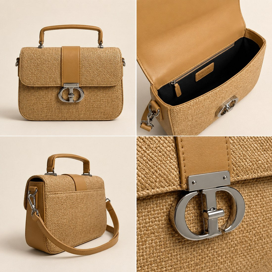 Collage of a brown woven handbag with a metal clasp on a beige background