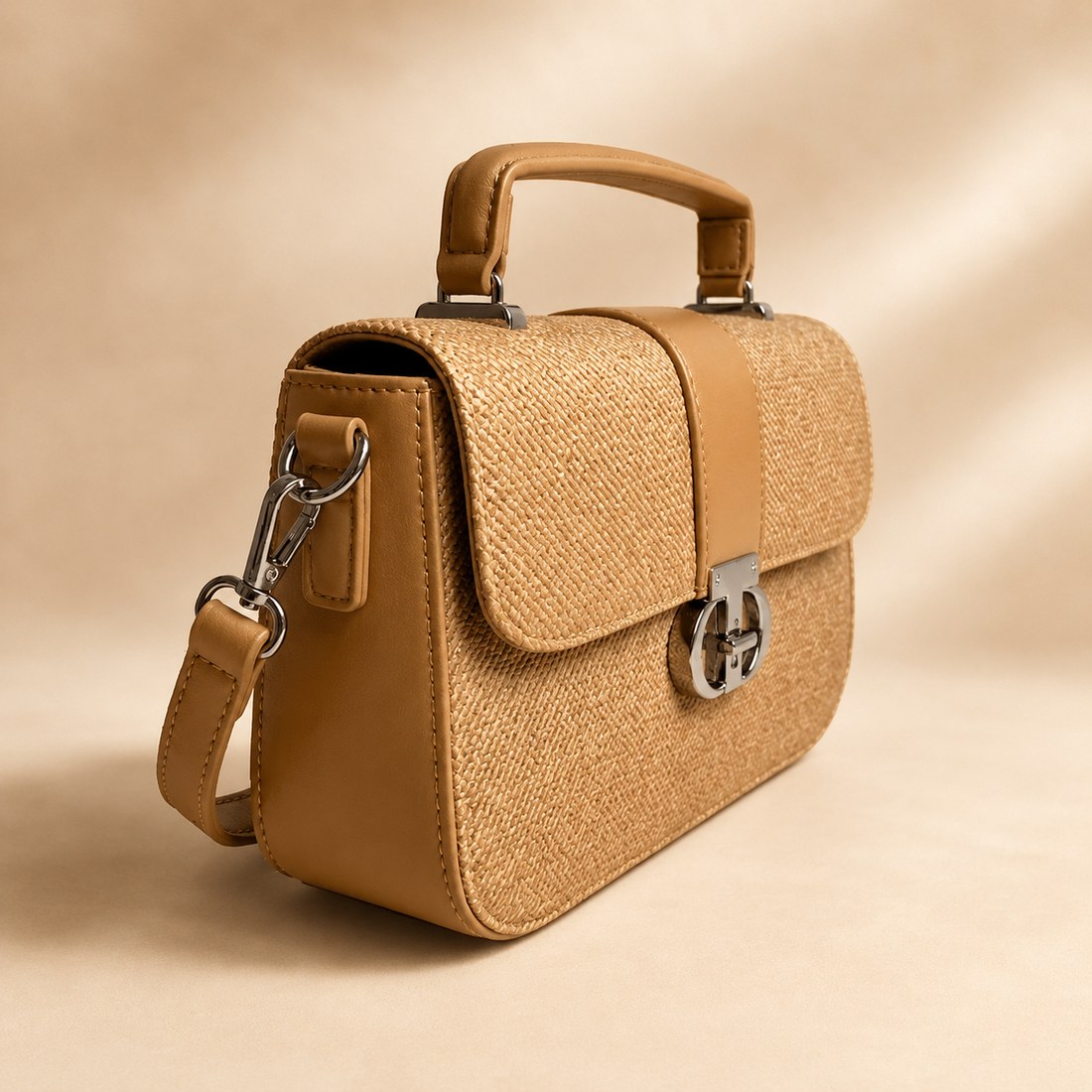 Beige handbag with a textured surface on a beige background