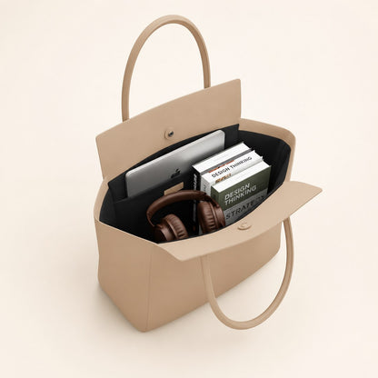 Beige handbag with a laptop, books, and headphones on a beige background