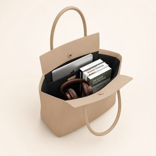Beige handbag with a laptop, books, and headphones on a beige background