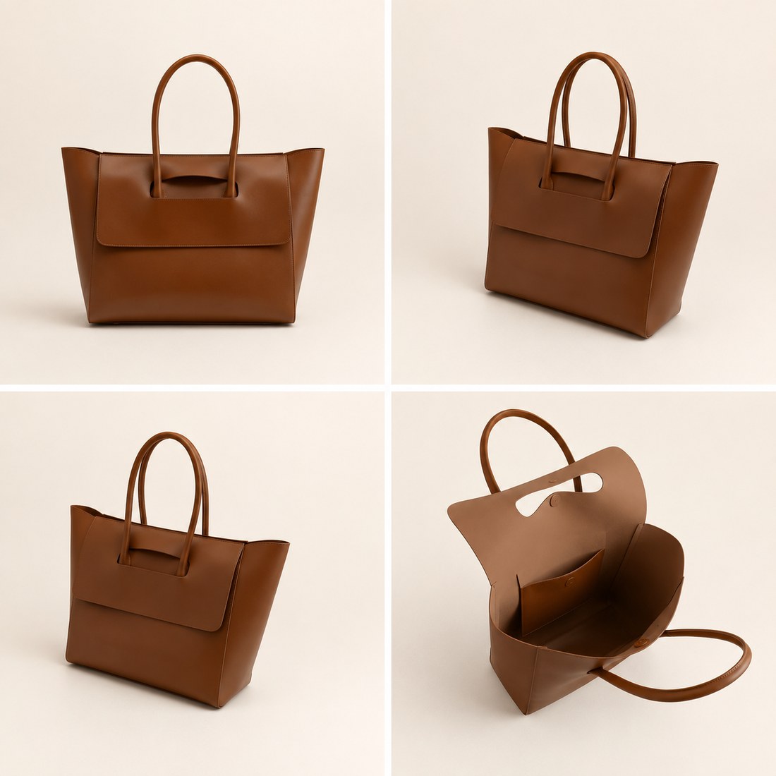 Brown leather handbag shown from multiple angles on a beige background