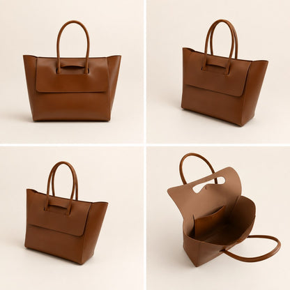 Brown leather handbag shown from multiple angles on a beige background