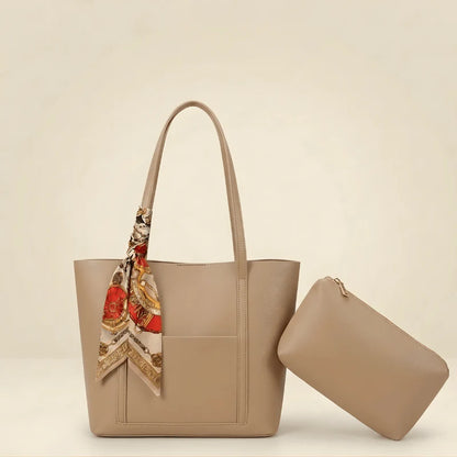 Aurelle Scarf Tote Bag | Elegant Brown Women’s Tote with Pouch