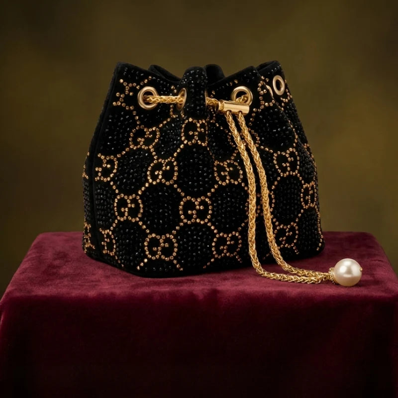 Studded Party Wear Bucket Bag with Pearl Charm
