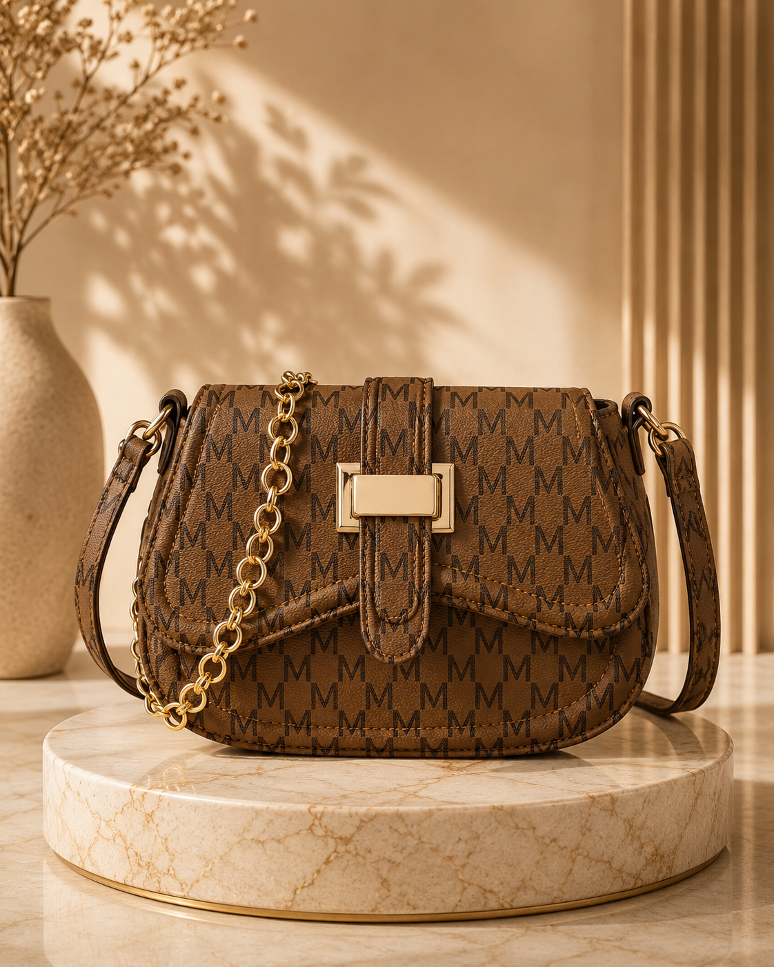 Luma Devaux Verona Chain Saddle Bag – Luxury Brown Monogram Crossbody Purse