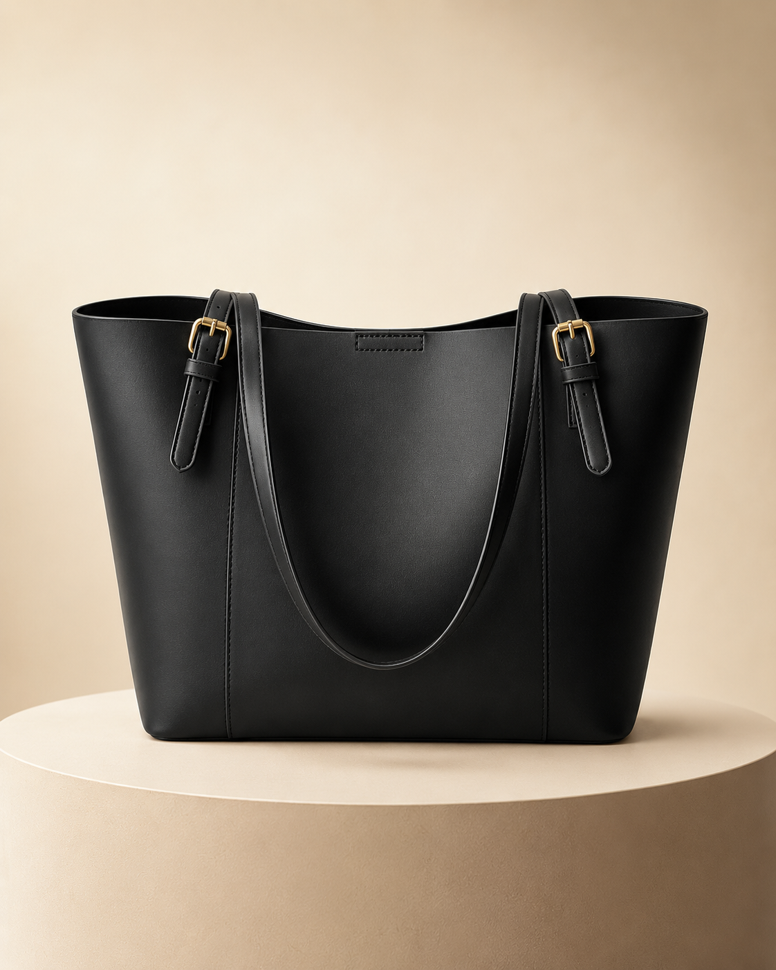 Black leather tote bag on a beige background