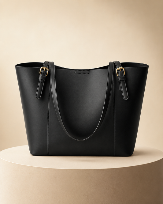 Black leather tote bag on a beige background