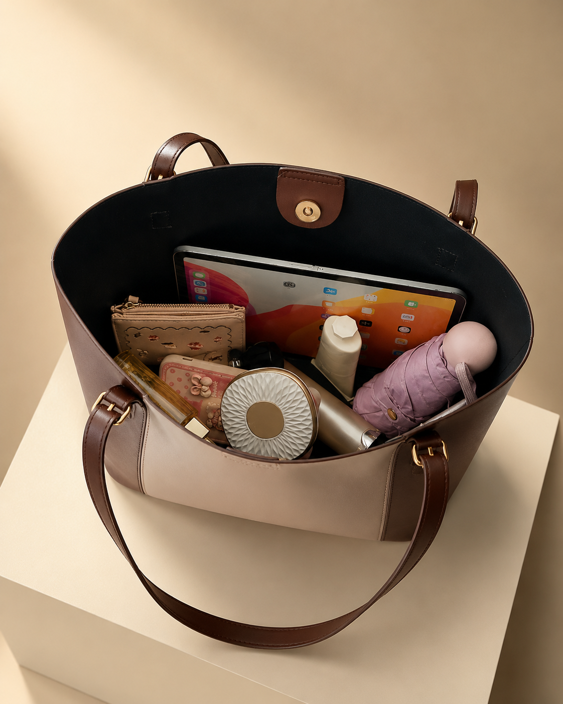 Black handbag with brown handles and trim, containing various items on a beige background